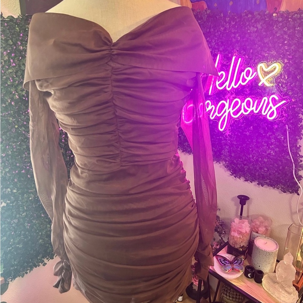 Fashion Nova Off-Shoulder Ruched Long Sleeve Dress - Brown